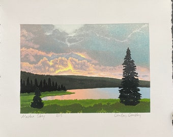 Alaska Sky, Limited Edition Reduction Lino Print, Sunset, Water, Reflection