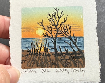 Golden, Limited Edition Reduction Lino Print, Seashore beach print, Sunset
