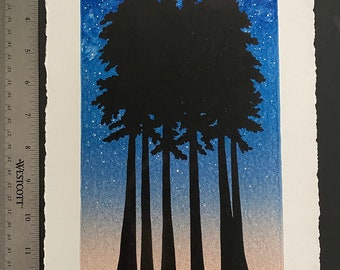 On a Clear Night, Limited Edition Reduction Lino Print, Milky Way and Trees