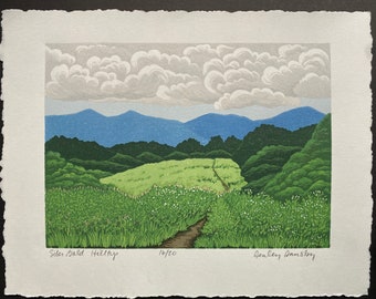 Siler Bald Hilltop, Limited Edition Reduction Lino Print, Mountain Trail