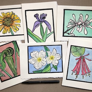 Botanische Linoldruck-Grußkarten, Blumenkarten, Handkolorierte und Handgedruckte Karte