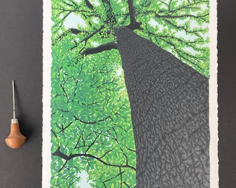Up Above, Limited Edition Reduction Lino Print, Tree Print,