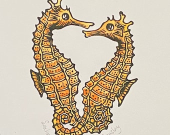 Seahorse Love, Lino Block Print, Hand Colored
