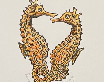 Amor de Cavalo-Marinho, Impressão em Bloco de Linóleo, Colorido à Mão