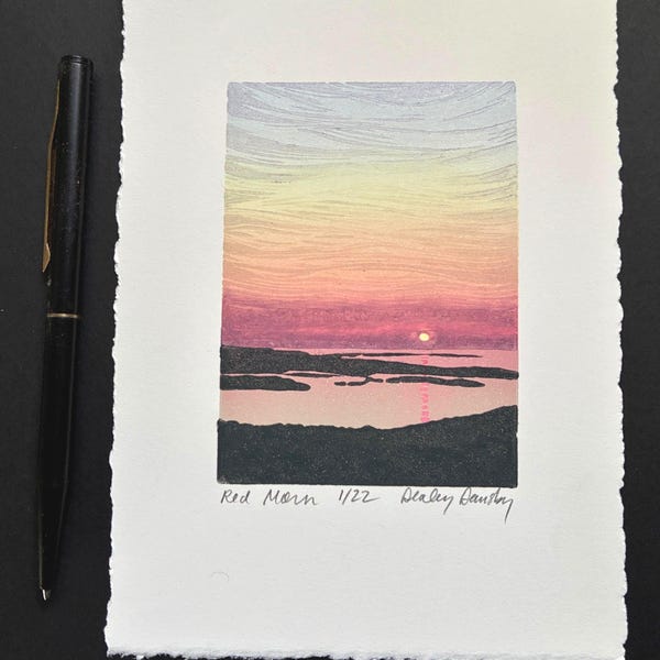 Red Morn, Limited Edition Lino Print, Sunrise from Cadillac Mountain