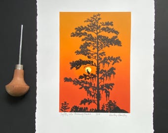 Softly the Evening Came, Limited Edition Reduction Print, Original Art, Sunset, Heron, Golden Hour