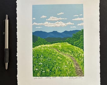 Siler Bald Hilltop Trail, Limited Edition Reduction Lino Print, Mountain Trail