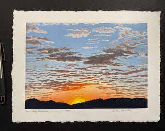 Good Day Sunrise, Limited Edition Reduction Lino Print, Sunrise, Cloudscape