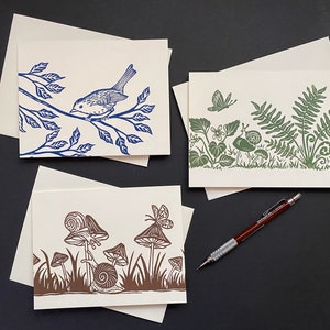 Cartes de correspondance de jardin, imprimées à la main, à l'unité ou par lot de 3, oiseau, champignon, fougère