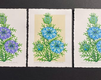 Love-in-a-Mist, Limited Edition Reduction Lino Print, Nature Print, Blue or Lavender