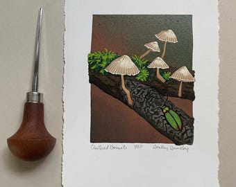 Clustered Bonnets, Limited Edition Reduction Print, Beetle, Mushroom, Original Art