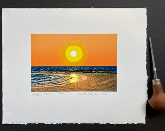 Goldene Stunde, Handgedruckter Linoldruck bei Sonnenuntergang