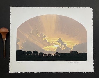 Radiant, Limited Edition Reduction Lino Print, Sunset, SunRays