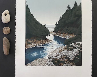 Around the Bend, Limited Edition Reduction Lino Print, Landscape, Newport Cove