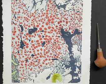 Lichen Print: Limited Edition Reduction Lino Print, Nature Art