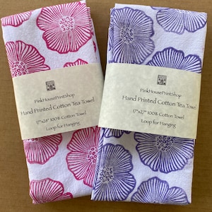 Flower Tea Towel, 100 % Cotton Hot Pink, Lavender