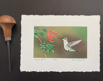 Flying Jewel, Hummingbird Lino Print: Limited Edition Original Art