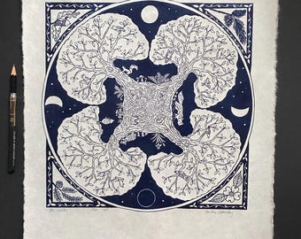 Nature Mandala, Limited Varied Edition Lino Print, Trees and Animals