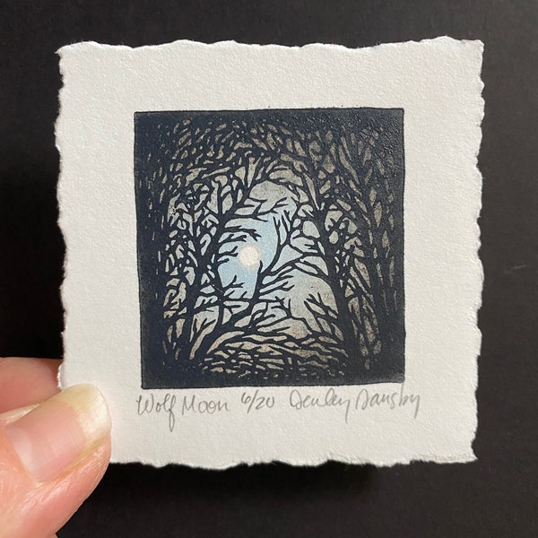 Wolf Moon, Limited Edition Reduction Lino Print, Full Moon
