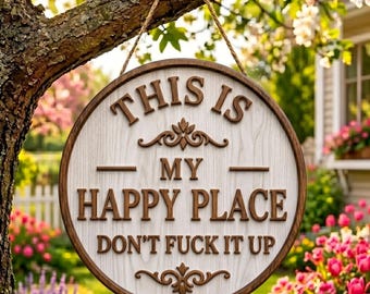 Placa de madeira "Este é o meu lugar feliz", placa divertida para jardim, enfeite de porta estilo fazenda, decoração de madeira com letras em relevo, placa para varanda externa, presente.