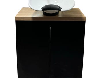 Lavatório portátil para salão de beleza, sem necessidade de instalação hidráulica, com mecanismo de inclinação.