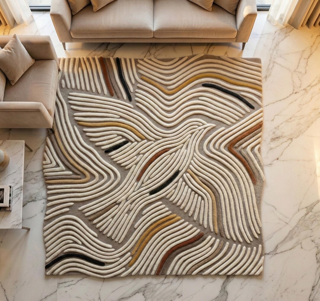 Sculpted Wool Rug, Hand Tufted 3D Texture, Abstract Wave Design, Beige ...