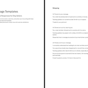Könnte beinhalten: Weißes Dokument mit dem Titel "Etsy Message Templates" und dem Untertitel "12 Ready-To-Use Responses for Etsy Sellers". Der Text beschreibt professionell verfasste Antworten zur Verbesserung der Kundenkommunikation und zum Schutz der Shop-Bewertungen.