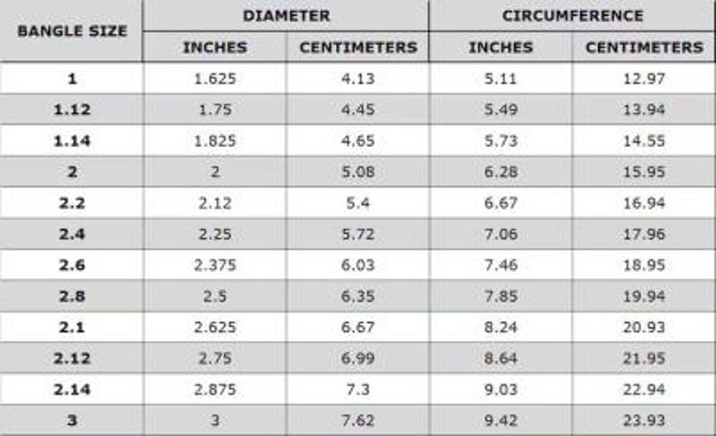 May include: A white chart detailing bangle sizes, including diameter and circumference measurements in inches and centimeters. The chart lists sizes from 1 to 3, with corresponding measurements such as 1.625 inches (4.13 cm) diameter and 5.11 inches (12.97 cm) circumference.