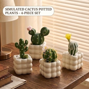 4 piezas de cactus artificiales en maceta, suculentas artificiales minimalistas en macetas de cerámica con burbujas, decoración de escritorio estilo cottagecore, estética verde, set de regalo