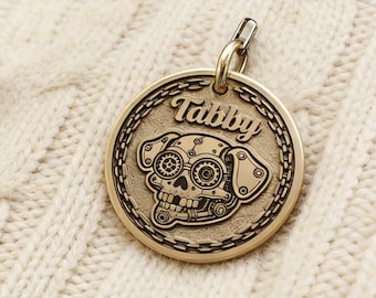 Personalized Steampunk Mechanical Skull Dog Laser Engraved Pet ID Tag