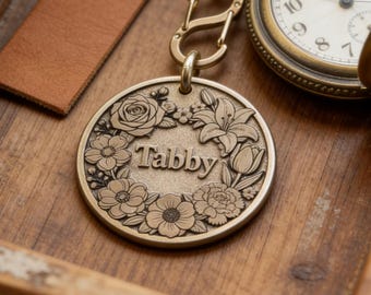 Personalized Floral Wreath Laser Engraved Pet ID Tag - Custom Metal Dog Cat Name Tag