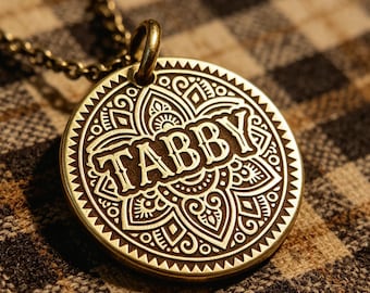 Boho Tribal Engraved Pet Tag, Custom Mandala Dog Name ID Charm