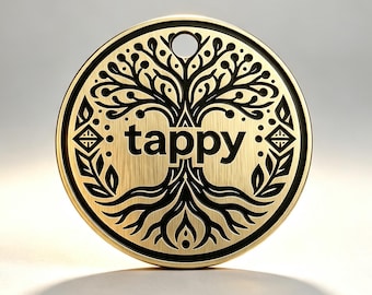 Brass Tree of Life Pet ID Tag - Black Laser-Etched Matte Brushed Metal,