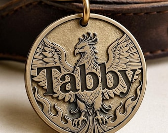 Fire Phoenix Dog Name Tag | Personalized Engraved Brass Pet Collar Accessory