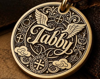 Custom Brass Pet ID Tag, Laser Engraved Vintage Winged Tag