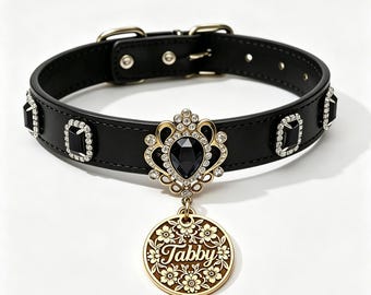 Dog Collar Genuine Leather  with Bling Rhinestones, Personalized Engraved Pet ID Tag