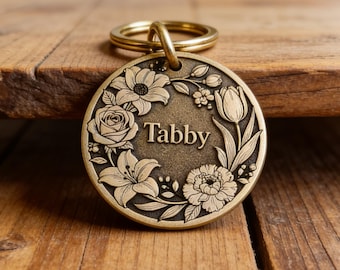 Personalized Floral Brass Pet ID Tag Custom Engraved Dog & Cat Name Tag