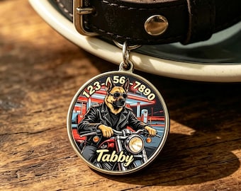 Personalized Dog ID Tag, Cartoon Biker Pet Collar Charm, Waterproof Metal Pet Identifier