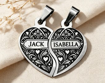 Personalized Split Heart Couple Necklace | Custom Engraved Name Gift