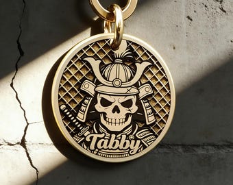 Custom Brass Pet ID Tag: Samurai skull design