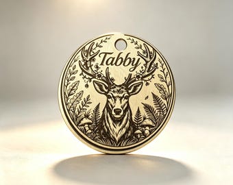 Personalized Brass Pet Tag: Deer Forest Etched Design, Custom Name ID Tag