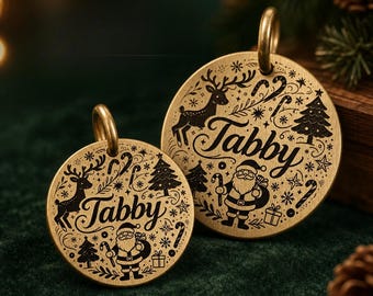 Personalized Christmas Dog Tag | Custom Engraved Brass Pet ID Cat Collar Tag