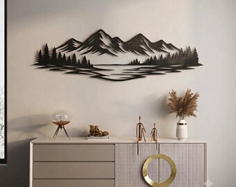 Arte murale in metallo raffigurante un paesaggio montano, decorazione con scena naturale nera, grande scultura murale in metallo, arte murale moderna per il soggiorno, decorazione con lago e montagna