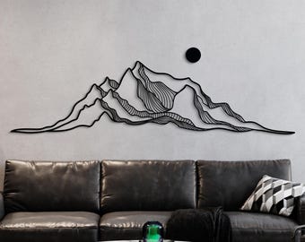 Decorazione da parete in metallo con motivo di montagna, moderna decorazione da parete in metallo con motivo naturalistico, scultura minimalista con silhouette di montagna, decorazione da parete in metallo nero per soggiorno