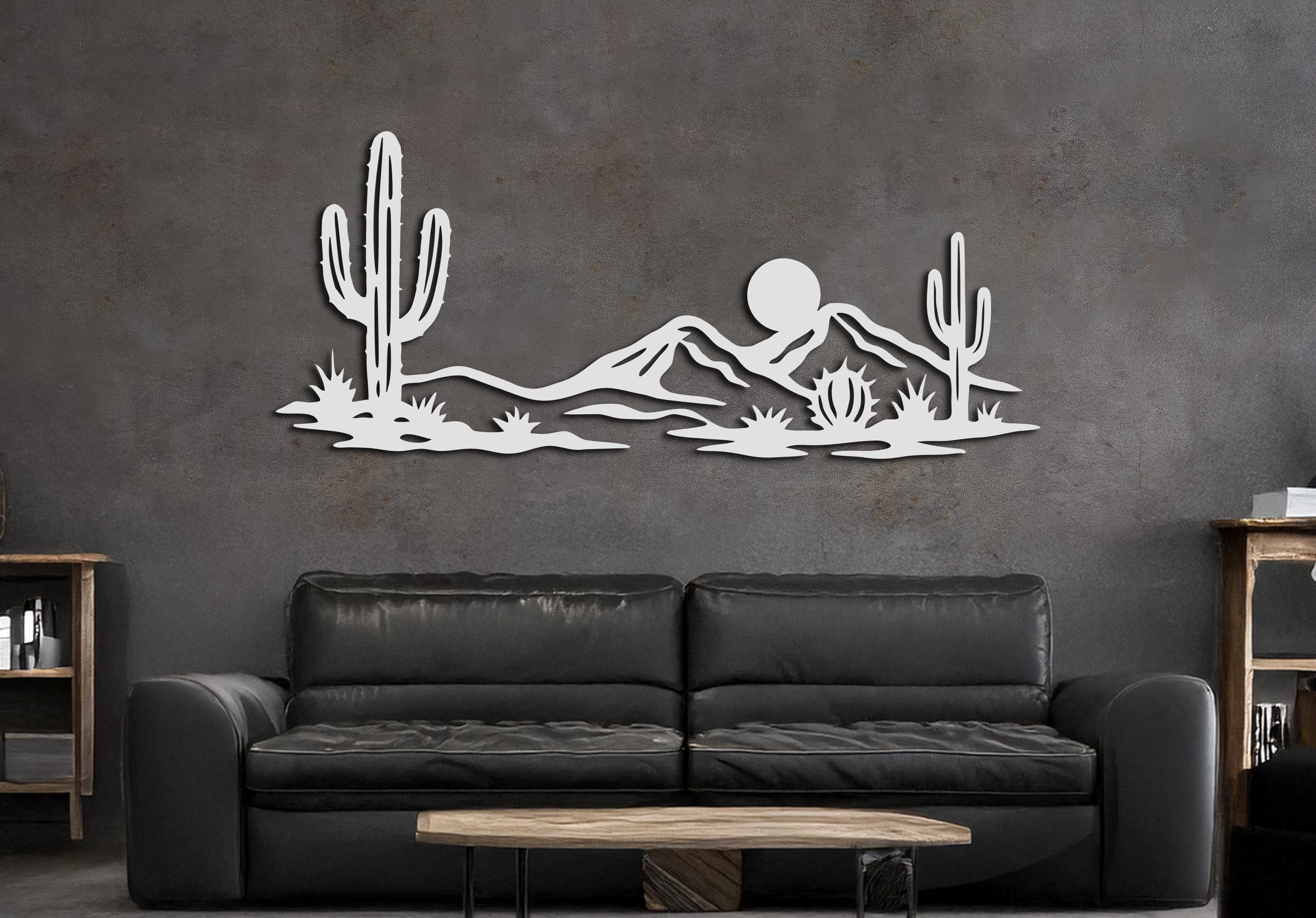Desert Metal Wall Art, Cactus Landscape Design, Modern Horizontal Black ...