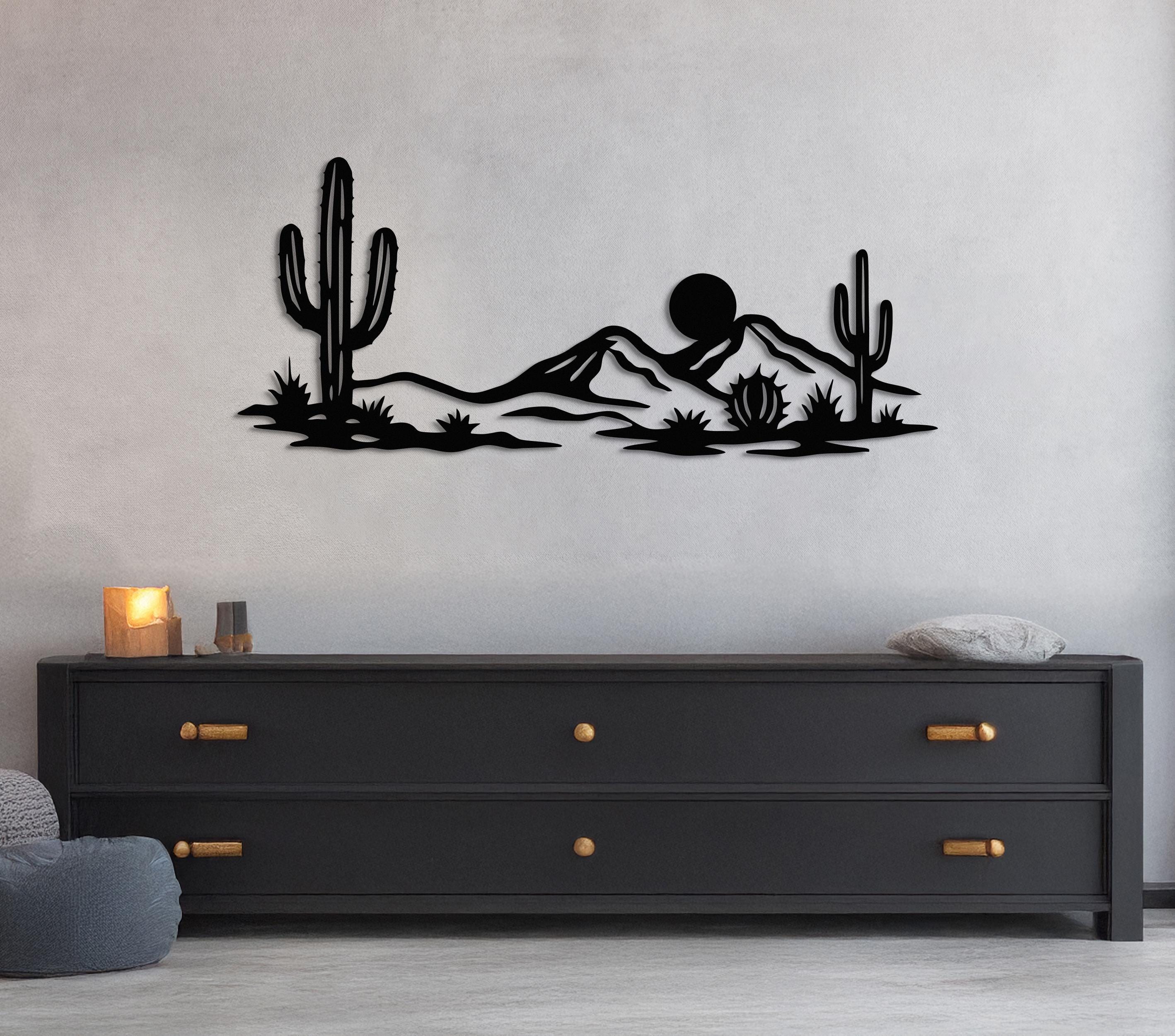 Desert Metal Wall Art, Cactus Landscape Design, Modern Horizontal Black ...