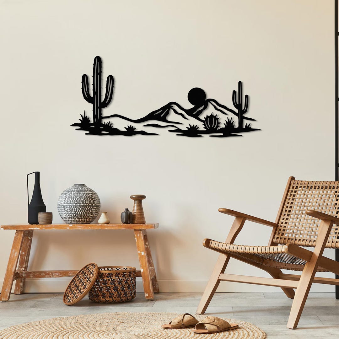 Desert Metal Wall Art, Cactus Landscape Design, Modern Horizontal Black ...