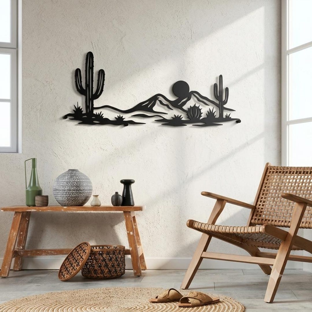 Desert Metal Wall Art, Cactus Landscape Design, Modern Horizontal Black ...