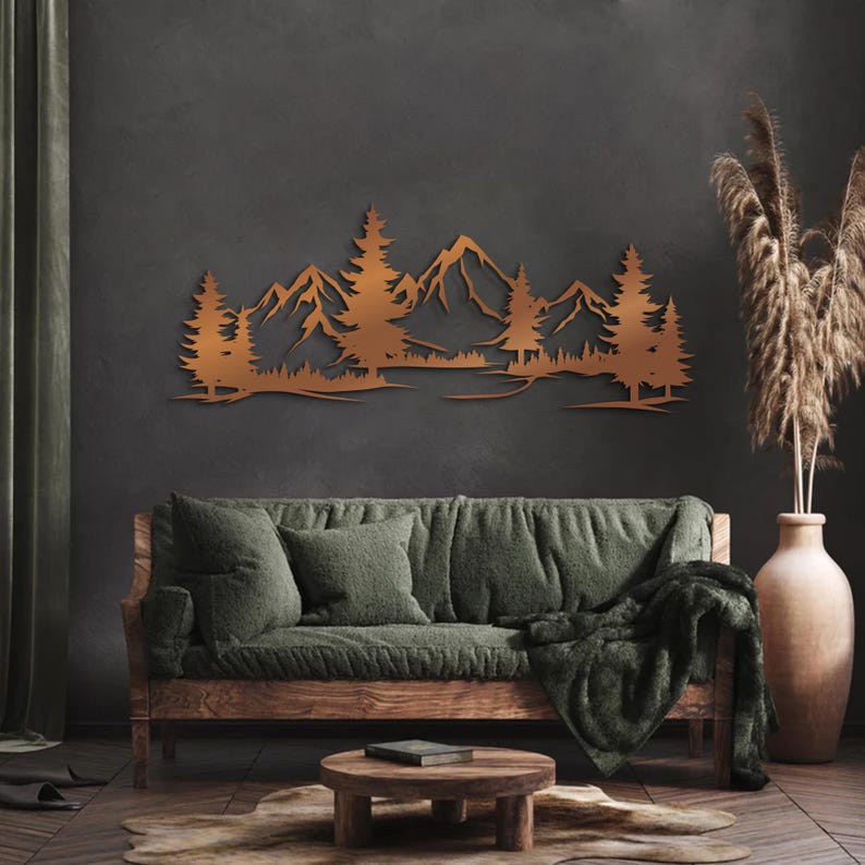 Landscape Metal Wall Art – Pine Forest Steel Wall Decor, Mountain Wall ...