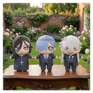 May include: Three plush dolls featuring anime-style faces and detailed outfits. The left doll has dark hair and a black robe with a white cross. The center doll has light blue hair and a dark suit. The right doll has white hair and a dark suit.